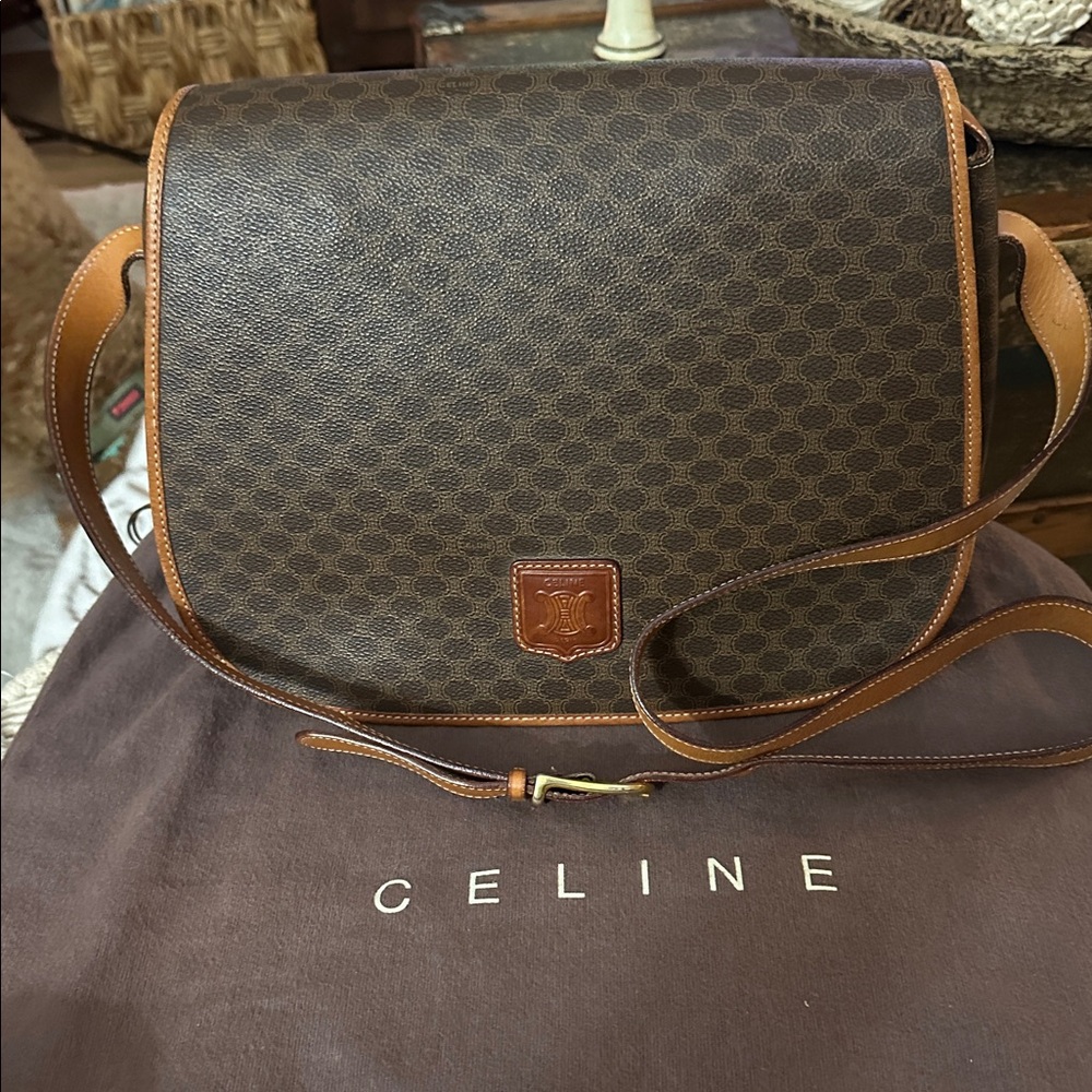 Celine Macadam Dark Brown and Tan Crossbody Bag